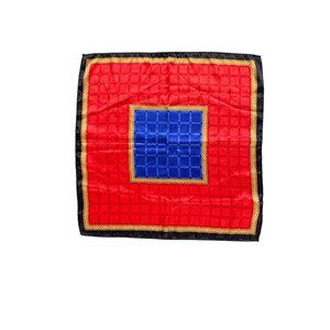 Vintage Liz Claiborne Red Blue Plaid Polyester Scarf With Black Gold Trim Headwe